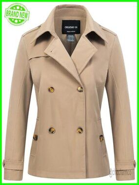 Cropped Trench Coat Double Breasted Lapel Water Repellent Jacket